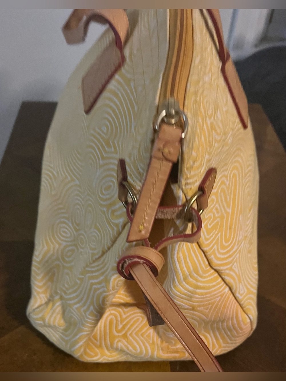 Dooney & Bourke Yellow White Patterned Tote with Tan Leather Trim - Picture 3 of 7